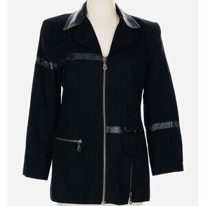 Town & Travel VTG Black Wool Blend Coat w/Faux Leather Collar & Grommet Details